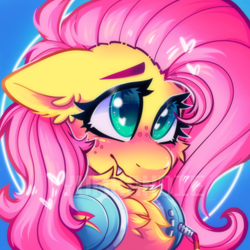 Size: 3500x3500 | Tagged: safe, artist:yumkandie, imported from derpibooru, fluttershy, pegasus, pony, blushing, bust, cheek fluff, chest fluff, cute, cute little fangs, ear fluff, eyebrows, eyebrows visible through hair, fangs, freckles, headphones, high res, portrait, solo, watermark, wingding eyes