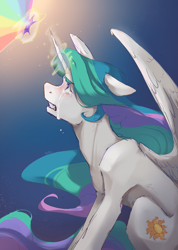 Size: 2689x3768 | Tagged: safe, artist:rladsenpai, imported from derpibooru, princess celestia, alicorn, pony, crying, ears back, element of magic, female, high res, implied nightmare moon, looking up, mare, sitting, solo, sternocleidomastoid