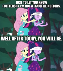 Size: 888x998 | Tagged: safe, edit, edited screencap, imported from derpibooru, screencap, fluttershy, sci-twi, twilight sparkle, human, equestria girls, equestria girls series, stressed in show, blindfold, caption, image macro, text