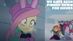 Size: 1920x1080 | Tagged: safe, edit, edited screencap, editor:quoterific, imported from derpibooru, screencap, fluttershy, pinkie pie, sunset shimmer, human, equestria girls, equestria girls series, holidays unwrapped, spoiler:eqg series (season 2), bags under eyes, boots, bunny ears, clothes, coat, female, frown, gloves, gritted teeth, hat, huddle, igloo, mittens, saving pinkie's pie, shoes, snow, souffle, sweater, teeth, trio, trio female, winter hat, winter outfit