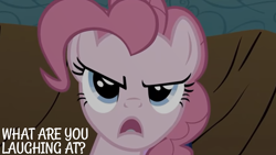 Size: 1280x720 | Tagged: safe, edit, edited screencap, editor:quoterific, imported from derpibooru, screencap, pinkie pie, earth pony, pony, the return of harmony, angry, discorded, female, mare, meanie pie, open mouth, pinkie pie is not amused, solo, unamused