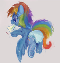 Size: 1847x1913 | Tagged: safe, artist:asdfasfasda, imported from derpibooru, rainbow dash, pegasus, pony, adult foal, butt, crayon, diaper, diaper fetish, drawing, female, fetish, hooves, non-baby in diaper, plot, rear view, solo, underhoof, wings, wings down