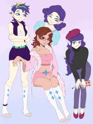 Size: 540x720 | Tagged: safe, artist:brot-art, imported from derpibooru, rarity, oc, oc:opacity, human, alternate hairstyle, bandage, beatnik rarity, belly button, belt, beret, brush, canon x oc, clothes, commission, duality, ear piercing, earring, elf ears, eyebrow piercing, eyes closed, female, fur coat, glasses, hat, high heels, horn, horned humanization, humanized, humanized oc, jacket, jewelry, leather, leather jacket, lesbian, lipstick, makeup, midriff, one eye closed, pants, piercing, punk, raripunk, self paradox, shirt, shoes, shorts, socks, spiked wristband, stocking feet, stockings, sweater, t-shirt, thigh highs, wink, wristband