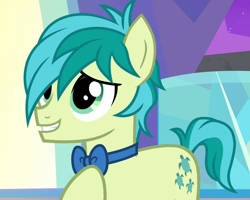 Size: 1351x1080 | Tagged: safe, imported from derpibooru, screencap, sandbar, earth pony, pony, season 9, she's all yak, spoiler:s09, bowtie, cropped, cute, hair over one eye, hoof on chest, male, sandabetes, smiling, solo, stallion