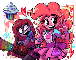 Size: 3615x2841 | Tagged: safe, artist:peargor, imported from derpibooru, pinkie pie, human, fanfic:cupcakes, equestria girls, chainsaw, clothes, cupcake, duality, female, food, heart, open mouth, open smile, peace sign, pinkamena diane pie, skirt, smiling