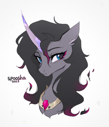 Size: 2128x2464 | Tagged: safe, artist:spoosha, imported from derpibooru, classical unicorn, pony, unicorn, them's fightin' herds, awwleander, black mane, blue eyes, bust, community related, curved horn, cute, digital art, eyebrows, eyelashes, eyeshadow, female, frown, gem, high res, horn, jewelry, looking at you, makeup, mare, messy mane, necklace, oleander (tfh), signature, simple background, solo, sparkles, white background