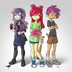 Size: 1200x1200 | Tagged: safe, artist:vyazinrei, imported from derpibooru, apple bloom, scootaloo, sweetie belle, human, equestria girls, bag, baseball bat, choker, clothes, converse, crossed arms, cutie mark crusaders, female, group, headphones, paint can, punk, shirt, shoes, shorts, shoulder bag, simple background, skirt, slingshot, spray can, trio, trio female, white background