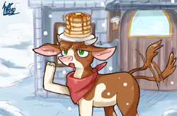 Size: 1280x840 | Tagged: safe, artist:shiroan33, imported from derpibooru, cow, them's fightin' herds, arizona (tfh), bandana, building, cloven hooves, community related, female, food, pancakes, reine, snow, snowfall, solo, tail, tail wag