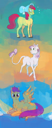 Size: 494x1200 | Tagged: safe, artist:sayuri1314, imported from derpibooru, apple bloom, scootaloo, sweetie belle, classical unicorn, earth pony, pegasus, pony, unicorn, bonnet, cloven hooves, cutie mark crusaders, female, filly, foal, leonine tail, unshorn fetlocks