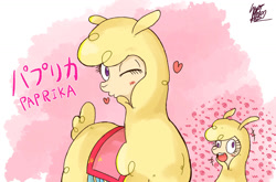 Size: 1280x846 | Tagged: safe, artist:shiroan33, imported from derpibooru, alpaca, them's fightin' herds, blowing a kiss, community related, female, heart, looking at you, one eye closed, paprika (tfh), solo, wink, winking at you