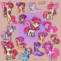 Size: 640x640 | Tagged: safe, artist:flutterberrypie, imported from derpibooru, apple bloom, rainbow dash, scootaloo, sweetie belle, twilight sparkle, earth pony, pegasus, pony, unicorn, cutie mark crusaders, female, filly, foal, mare