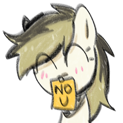 Size: 768x768 | Tagged: safe, artist:omelettepony, ponerpics exclusive, oc, oc only, earth pony, pony, earth pony oc, eyes closed, female, mare, mute, no u, simple background, smiling, smiling at you, solo, sticky note, text, white background