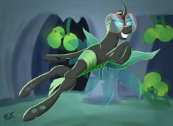 Size: 5500x4000 | Tagged: safe, artist:evan555alpha, imported from ponybooru, oc, oc only, oc:yvette (evan555alpha), changeling, insect, ladybug, action pose, broach, buzzing wings, cave, changeling egg, changeling hive, changeling oc, dorsal fin, egg, elytra, evan's daily buggo ii, fangs, female, glasses, grin, jumping, painting, pointing, round glasses, signature, smiling, smug, solo, spread wings, style emulation, toothy grin, ultrakill, wings