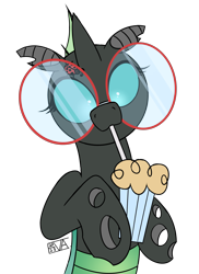 Size: 4000x5500 | Tagged: safe, artist:evan555alpha, imported from ponybooru, oc, oc only, oc:yvette (evan555alpha), changeling, insect, ladybug, broach, changeling oc, colored sketch, cute, dorsal fin, drinking, drinking straw, evan's daily buggo ii, female, glasses, holding, looking down, milkshake, ocbetes, round glasses, signature, simple background, sipping, sketch, solo, straw, straw in mouth, transparent background, wide eyes