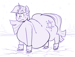 Size: 1280x971 | Tagged: safe, artist:secretgoombaman12345, imported from derpibooru, twilight sparkle, pony, unicorn, fat, ice, ice skates, skates, snow, this will end in hypothermia, this will not end well, twilard sparkle, unicorn twilight