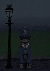 Size: 1748x2480 | Tagged: safe, artist:barhandar, imported from twibooru, changeling, bobby, clothes, eyeless pony, helmet, image, jacket, lamppost, png, police, police officer, police uniform, rain, reference, shirt, solo