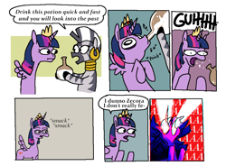 Size: 1941x1425 | Tagged: safe, artist:punkittdev, imported from derpibooru, twilight sparkle, zecora, alicorn, pony, zebra, princess twilight sparkle (episode), aaaaaaaaaa, comic, dialogue, drinking, duo, ear piercing, earring, eye contact, female, flashback potion, glowing, glowing eyes, hoof hold, hooped earrings, jewelry, looking at each other, looking at someone, mare, neck rings, new crown, open mouth, piercing, potion, speech bubble, twilight sparkle (alicorn)