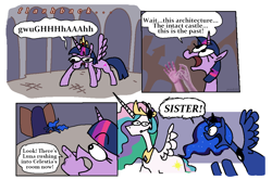 Size: 2050x1360 | Tagged: safe, artist:punkittdev, imported from derpibooru, princess celestia, princess luna, twilight sparkle, alicorn, pony, princess twilight sparkle (episode), comic, crown, dialogue, door, female, flashback, headset, jewelry, mare, new crown, open mouth, peytral, regalia, royal sisters, siblings, sisters, speech bubble, spread wings, suddenly hands, trio, twilight sparkle (alicorn), wings