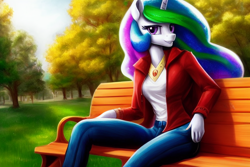 Size: 1920x1280 | Tagged: safe, derpibooru exclusive, editor:dovakkins, imported from derpibooru, princess celestia, alicorn, anthro, ai content, ai generated, beautiful, bench, clothes, denim, female, generator:stable diffusion, jacket, jeans, jewelry, looking at you, pants, park, peytral, reasonably sized breasts, sitting, smiling, smiling at you, solo, wingless