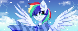 Size: 1200x480 | Tagged: safe, artist:fluffywhirlpool, imported from derpibooru, oc, oc only, oc:manti'core, pegasus, pony, bust, clothes, cloud, commission, ear fluff, green eyes, heart, looking at you, male, multicolored mane, pegasus oc, scarf, sky, sky background, smiling, smiling at you, solo, spread wings, stallion, striped scarf, wings