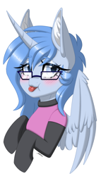 Size: 1711x3000 | Tagged: safe, alternate version, artist:melodytheartpony, imported from derpibooru, oc, alicorn, pony, 2023, :p, blushing, bust, chest fluff, clothes, collar, cute, eyelashes, female, feral, fluffy, glasses, horn, icon, looking at you, portrait, shirt, signature, simple background, socks, solo, spread wings, stockings, thigh highs, tongue out, white background, wings