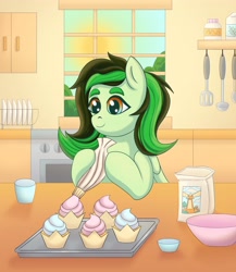 Size: 3234x3719 | Tagged: safe, artist:kutemango, imported from derpibooru, oc, oc only, oc:eden shallowleaf, pegasus, pony, baking, bowl, commissioner:rainbowdash69, cupcake, food, frosting, kitchen, mixing bowl, pegasus oc, solo