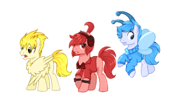 Size: 1074x651 | Tagged: safe, artist:diniarvegafinahar, imported from derpibooru, part of a set, breezie, earth pony, pegasus, pony, a, alphabet lore, bowtie, c, clothes, flying, headphones, jacket, male, ponified, simple background, species swap, stallion, transparent background, trio, trio male, wings, 🅱