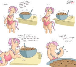 Size: 2000x1759 | Tagged: safe, artist:cdrspark, artist:sirmasterdufel, color edit, edit, editor:cdrspark, imported from derpibooru, part of a set, oc, oc only, oc:claire, earth pony, chubby, colored, comic, cookie dough, food, simple background, solo, white background