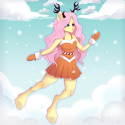 Size: 5000x5000 | Tagged: safe, artist:laloplya, imported from derpibooru, fluttershy, anthro, pegasus, unguligrade anthro, antlers, clothes, cloud, female, flying, gloves, skirt, snow, solo