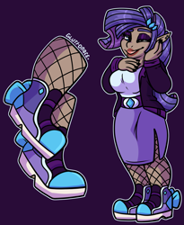 Size: 1587x1938 | Tagged: safe, alternate version, artist:sexygoatgod, imported from derpibooru, rarity, human, blue background, clothes, dress, elf ears, female, human coloration, humanized, moderate dark skin, one eye closed, shoes, simple background, sneakers, solo, wink