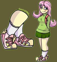 Size: 1717x1875 | Tagged: safe, artist:sexygoatgod, imported from derpibooru, fluttershy, human, equestria girls, backpack, clothes, female, green background, humanized, shoes, simple background, skirt, sneakers, solo, sweater