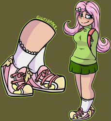 Size: 1717x1875 | Tagged: safe, alternate version, artist:sexygoatgod, imported from derpibooru, fluttershy, human, backpack, clothes, female, green background, human coloration, humanized, shoes, simple background, skirt, sneakers, solo, sweater