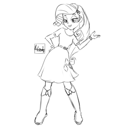 Size: 2500x2500 | Tagged: safe, artist:lilouhlantern, imported from derpibooru, rarity, human, equestria girls, bedroom eyes, belt, boots, clothes, cutie mark on clothes, female, hand on hip, high heel boots, lineart, shirt, shoes, signature, skirt, solo