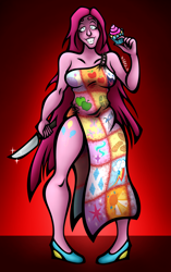 Size: 3896x6216 | Tagged: safe, artist:x-somebodyrandom-x, imported from derpibooru, pinkie pie, human, fanfic:cupcakes, clothes, cupcake, cutie mark dress, cutie mark on human, dress, female, food, grin, high heels, humanized, knife, pinkamena diane pie, pony coloring, shoes, smiling, solo
