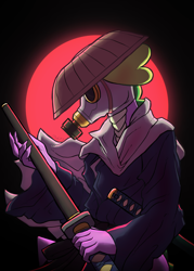 Size: 2920x4071 | Tagged: safe, artist:yaisoula, imported from derpibooru, spike, anthro, dragon, asian conical hat, clothes, gas mask, hat, katana, male, mask, solo, sword, weapon