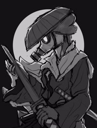 Size: 2920x3819 | Tagged: safe, artist:yaisoula, imported from derpibooru, spike, anthro, dragon, asian conical hat, clothes, gas mask, grayscale, hat, katana, male, mask, monochrome, solo, sword, weapon
