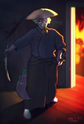 Size: 2624x3855 | Tagged: safe, artist:yaisoula, imported from derpibooru, spike, anthro, dragon, asian conical hat, clothes, gas mask, hat, katana, male, mask, outdoors, signature, solo, sword, weapon