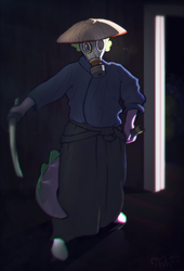 Size: 2624x3855 | Tagged: safe, alternate version, artist:yaisoula, imported from derpibooru, spike, anthro, dragon, asian conical hat, clothes, gas mask, hat, katana, male, mask, signature, solo, sword, weapon