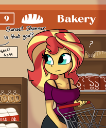 Size: 1584x1920 | Tagged: safe, artist:tjpones, imported from derpibooru, sunset shimmer, human, equestria girls, bakery, bread, breasts, busty sunset shimmer, cleavage, commission, female, food, implied sonata dusk, offscreen character, pretzel, question mark, shopping cart, solo