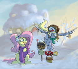 Size: 1800x1600 | Tagged: safe, artist:rocket-lawnchair, imported from derpibooru, derpy hooves, fluttershy, pegasus, pony, squirrel, acorn, basket, clothes, earmuffs, fluttershy's cottage, hat, mailbox, present, scarf, scrunchy face, snow, sweater, sweatershy, winter, winter hat