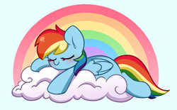 Size: 5440x3368 | Tagged: safe, artist:kittyrosie, imported from derpibooru, rainbow dash, pegasus, pony, blue background, blushing, cloud, cyan background, on a cloud, rainbow, simple background, sleeping, solo