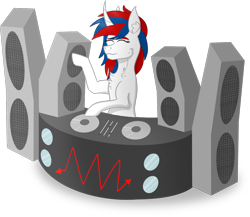 Size: 1036x898 | Tagged: safe, artist:krecikkosmosu, imported from derpibooru, oc, oc only, oc:snowi, pony, unicorn, blue hair, disco dance, female, full body, horn, mare, party, red hair, simple background, solo, speaker, transparent background, white pony