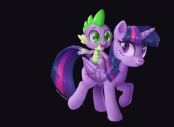 Size: 1639x1198 | Tagged: safe, artist:oneeyedsheep, imported from derpibooru, spike, twilight sparkle, alicorn, dragon, pony, duo, fangs, female, male, mare, riding, simple background, smiling, spike riding twilight, twilight sparkle (alicorn)