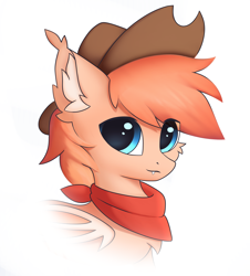 Size: 3140x3471 | Tagged: safe, artist:verlista, imported from derpibooru, oc, oc only, unnamed oc, bat pony, pony, bat pony oc, blue eyes, clothes, cowboy, halfbody, hat, looking at you, male, simple background, solo, stallion, white background