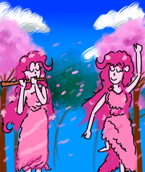 Size: 2200x2600 | Tagged: safe, artist:horsesplease, imported from derpibooru, pinkie pie, dryad, fairy, human, equestria girls, cherry blossoms, cherry tree, clothes, dancing, dream art, dress, duality, flower, flower blossom, flower in hair, flute, musical instrument, sakura pie, self paradox, tree