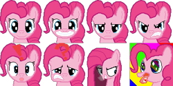 Size: 384x192 | Tagged: safe, artist:scootaloormayfly, imported from derpibooru, pinkie pie, earth pony, pony, angry, drugs, exclamation point, looking at you, lsd, pinkamena diane pie, pinkie pie is not amused, pixel art, question mark, rainbow, rpg maker, rpg maker vx ace, simple background, smiling, smiling at you, sprite, surprised, transparent background, unamused