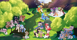 Size: 4736x2480 | Tagged: safe, imported from derpibooru, oc, oc only, oc:antimony, oc:ashen flame, oc:aurora july, oc:cunben_mapleleaf, oc:mattia, oc:moonlightbenighted, oc:sealvia, oc:彩光 rainbowlight, fish, pegasus, unicorn, apple, banana, bench, book, bottle, bridge, campfire, chair, clothes, dappled sunlight, fire, fishing rod, food, hammock, hat, hoodie, lilypad, nintendo switch, river, scarf, scenery, socks, spring, striped scarf, striped socks, table, tent, tree, tree stump, water