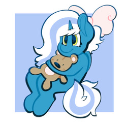 Size: 500x500 | Tagged: safe, artist:shrimpgumbie, imported from derpibooru, oc, oc only, oc:fleurbelle, alicorn, pony, semi-anthro, alicorn oc, bow, cute, female, hair bow, happy, horn, hug, mare, plushie, smiling, solo, teddy bear, wings, yellow eyes