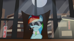 Size: 3840x2160 | Tagged: safe, artist:pearmare animation, imported from derpibooru, rainbow dash, pony, business, businessmare, cigar, desk, lamp, moon, necktie, solo, sunglasses, thumbnail, tokyo, window