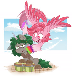 Size: 1899x1998 | Tagged: safe, artist:soniana252, imported from derpibooru, pegasus, pony, unicorn, bongo beats, female, flying, g5, male, mare, musical instrument, one ear down, simple background, smoothie, stallion, white background, windy (g5)